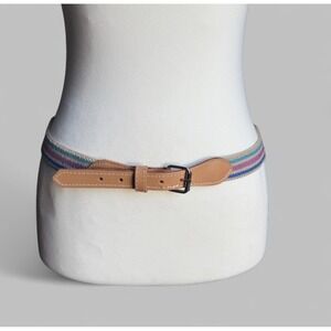 Womens Striped Fabric Belt Tan‎ Leather Trim Buckle Casual Boho Chic